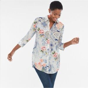 Chico's Floral Linen No Iron Tunic Top Small / 0
